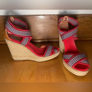 Tory Burch Stretch Red/White/Blue Wedge Espadrille